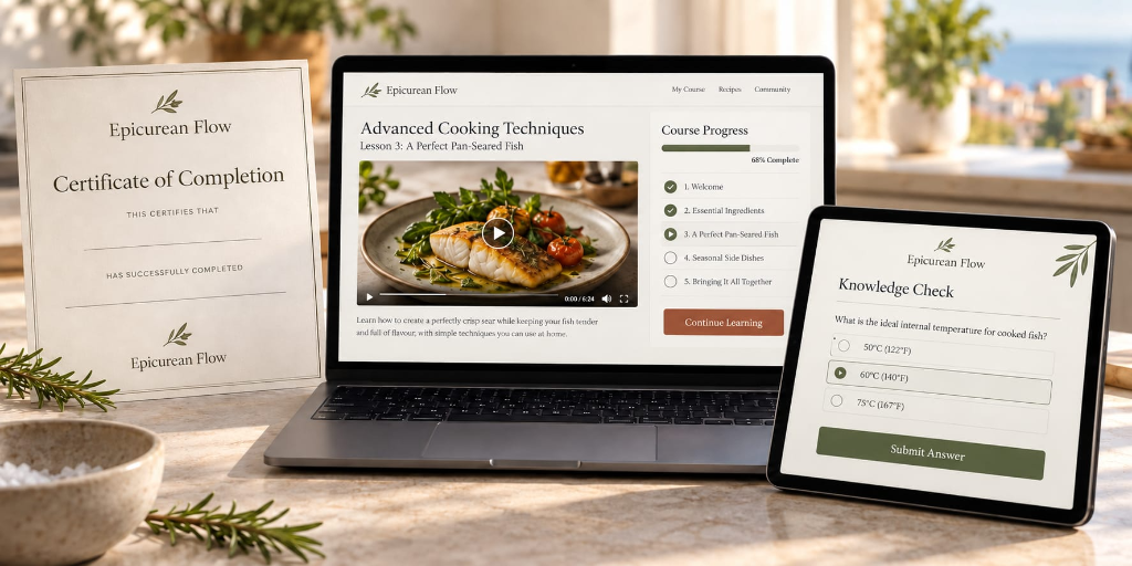 Interactive cooking course student experience showing laptop with Advanced Cooking Techniques video lesson, 68% progress tracking, tablet knowledge check quiz, and certificate of completion