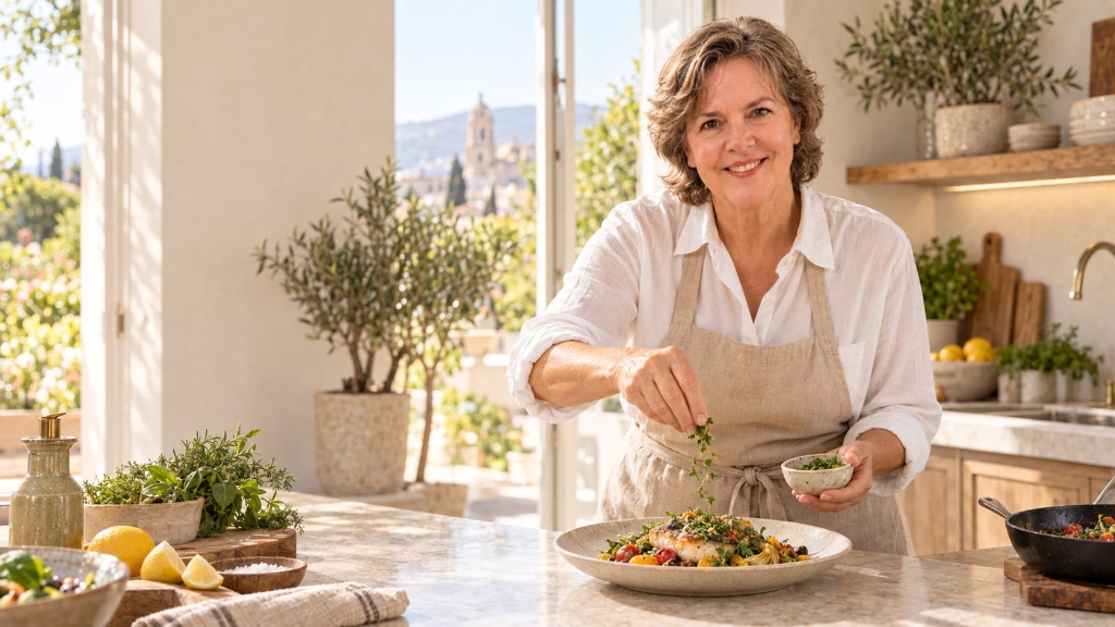 Chef Eliane Muskus garnishing a fresh gourmet dish in her Mediterranean kitchen